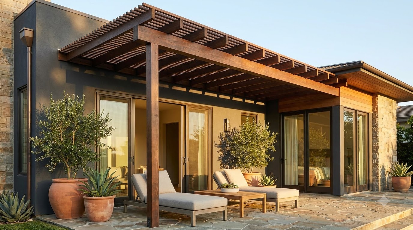 Pergola attached to the back of a house shading a patio