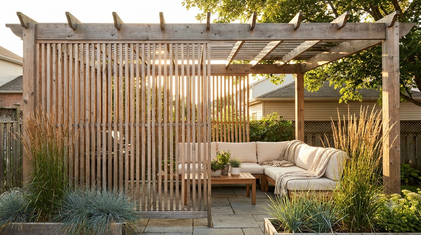 Pergola with slatted privacy screen on one side