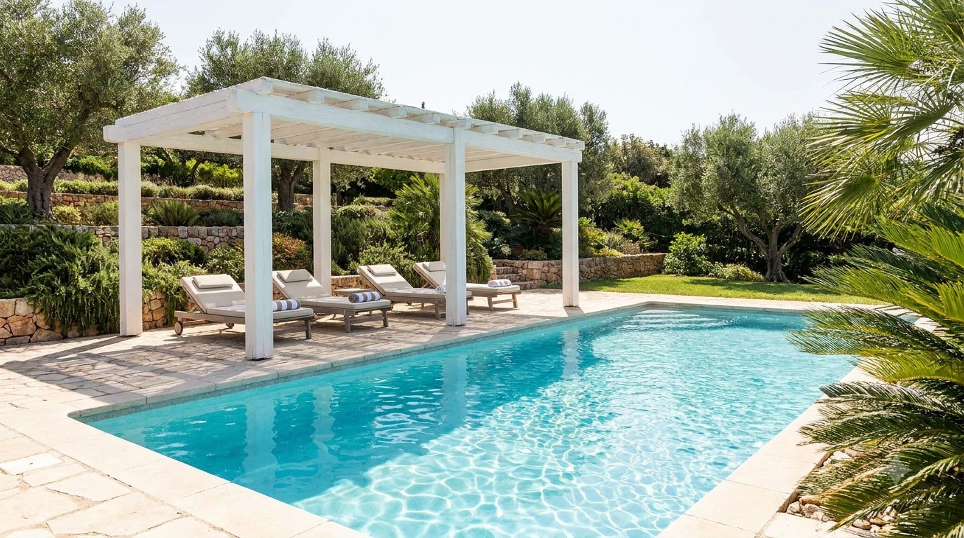 Poolside pergola with lounge chairs beside a swimming pool