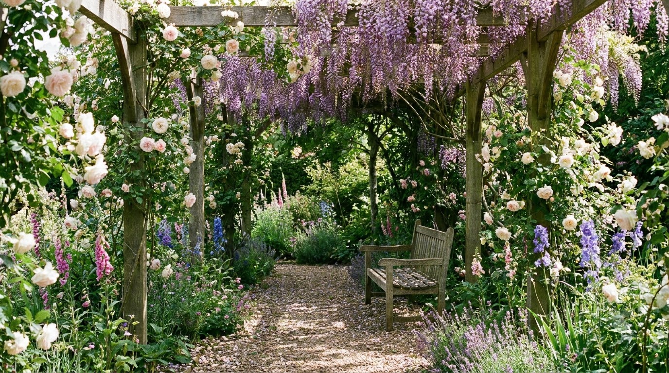 Traditional pergola covered in climbing wisteria over a garden path