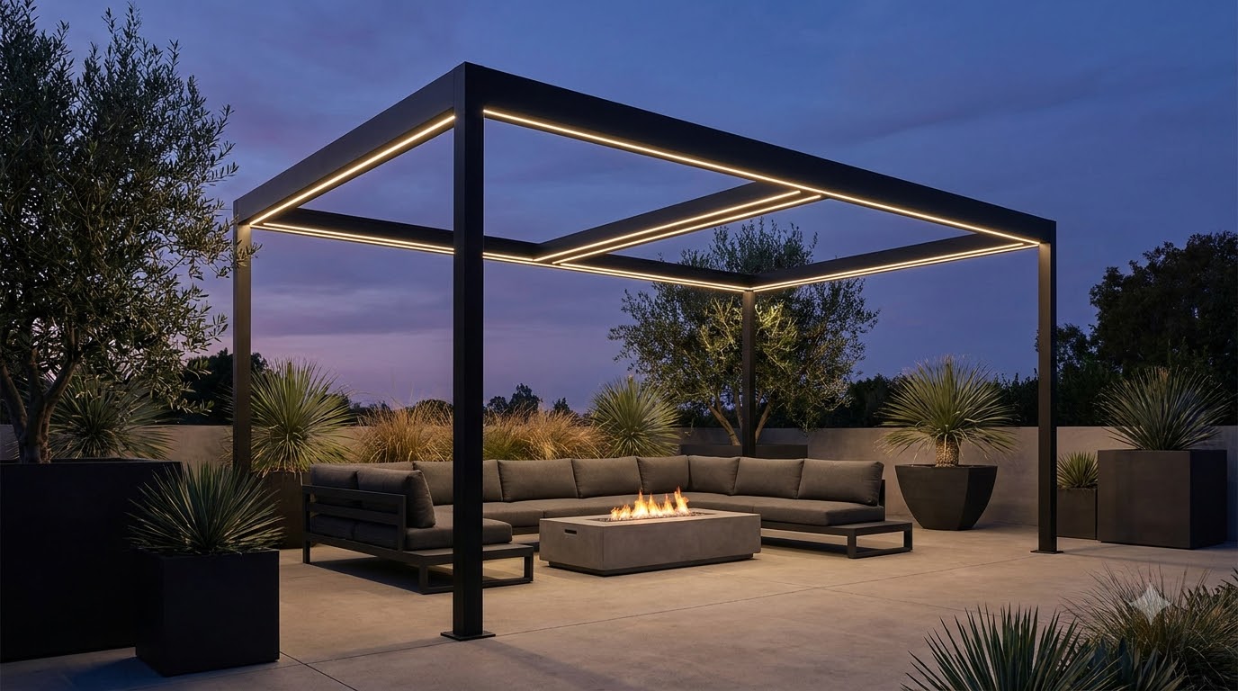 Modern black aluminum pergola over a minimalist patio