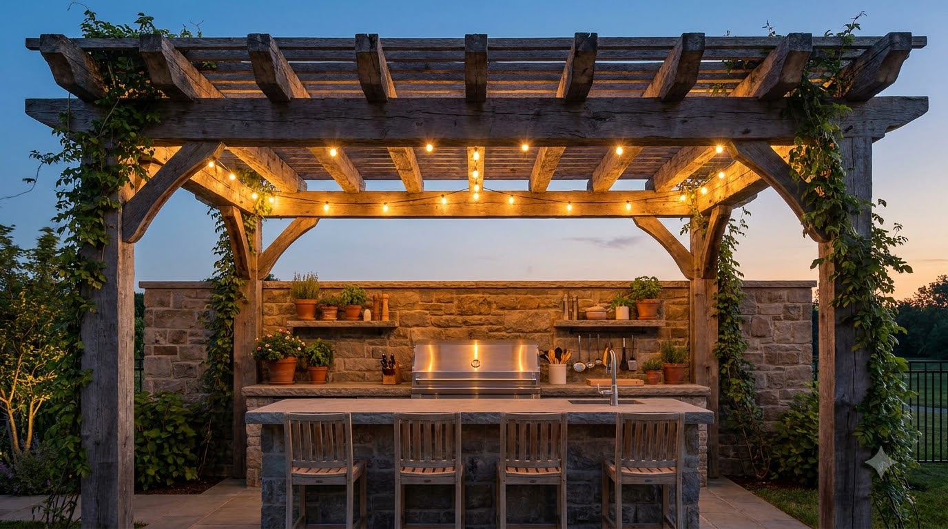 Pergola sheltering an outdoor kitchen and bar seating