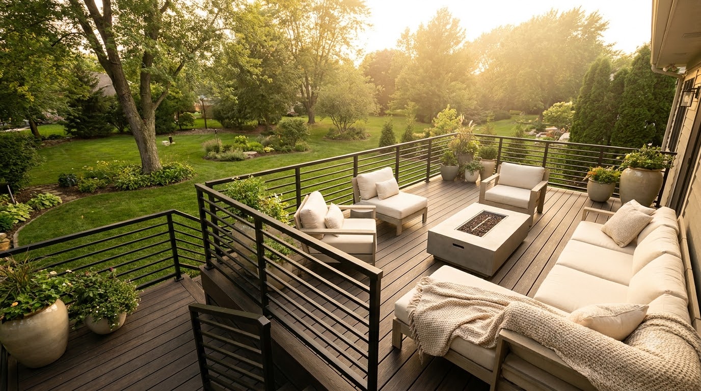 Modern deck with black metal railing overlooking a green backyard