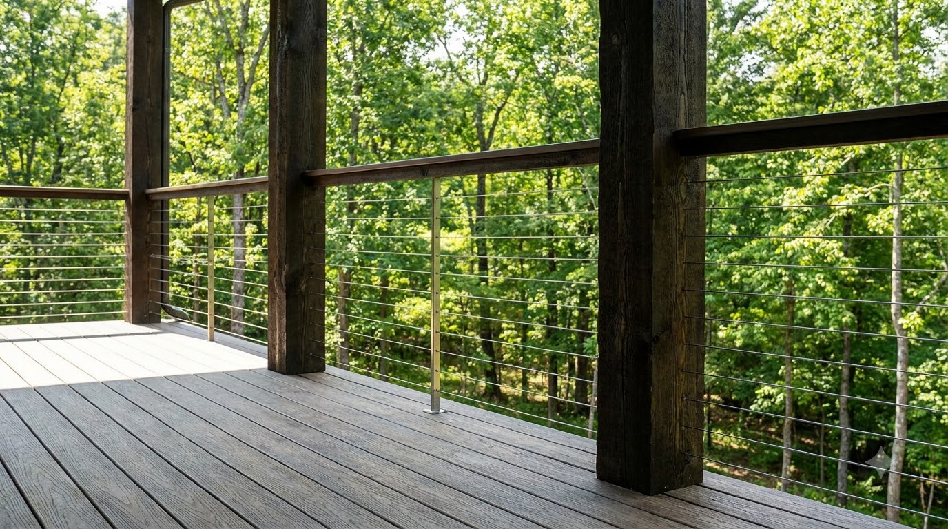 Stainless cable railing on a deck with unobstructed view