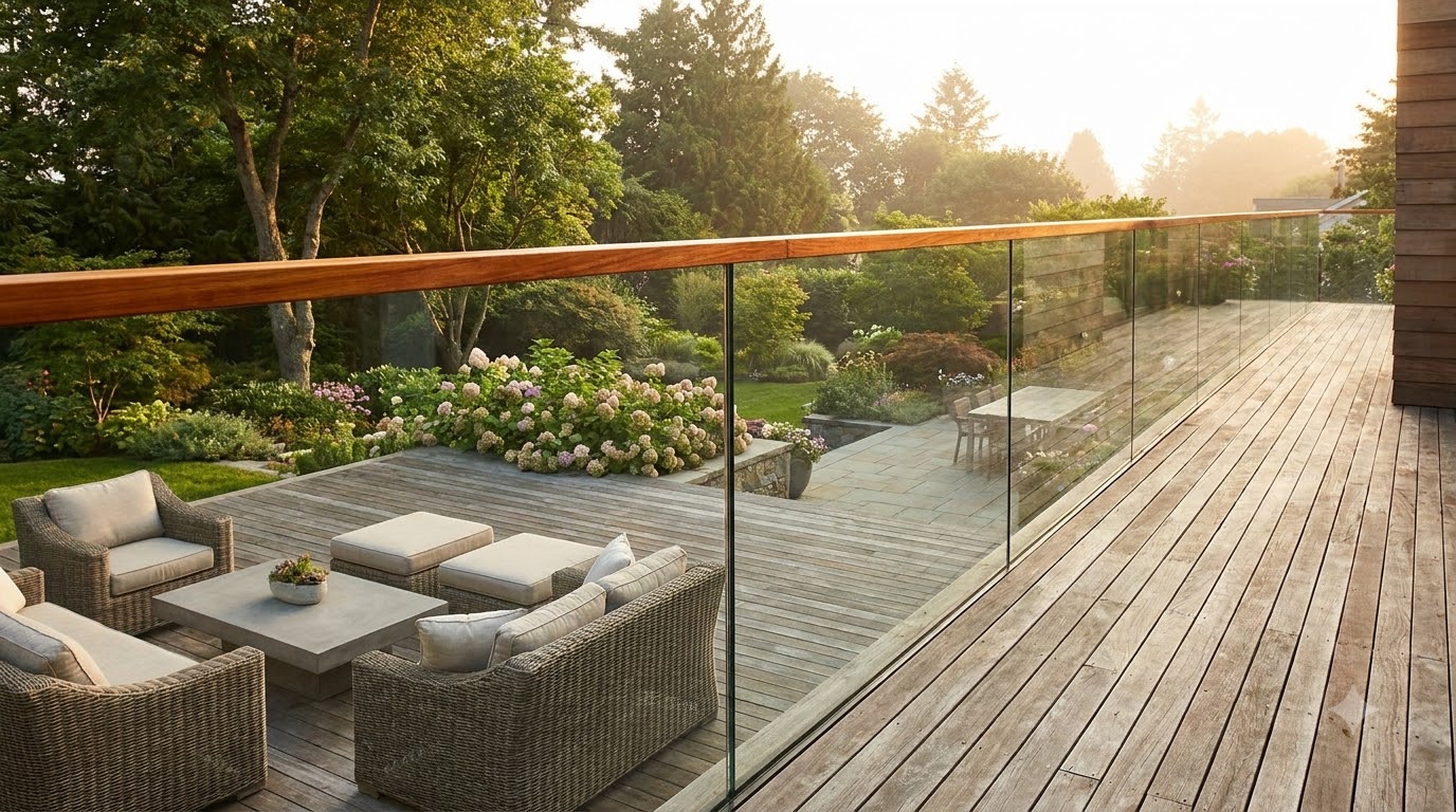Glass panel deck railing with wood top rail