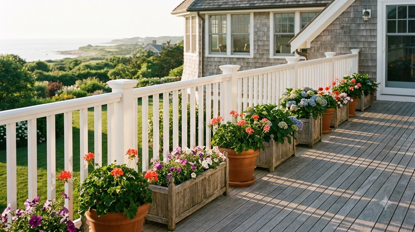 Classic white wood deck railing with vertical balusters