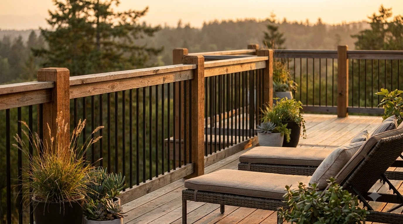 Deck railing combining black metal balusters with cedar top rail