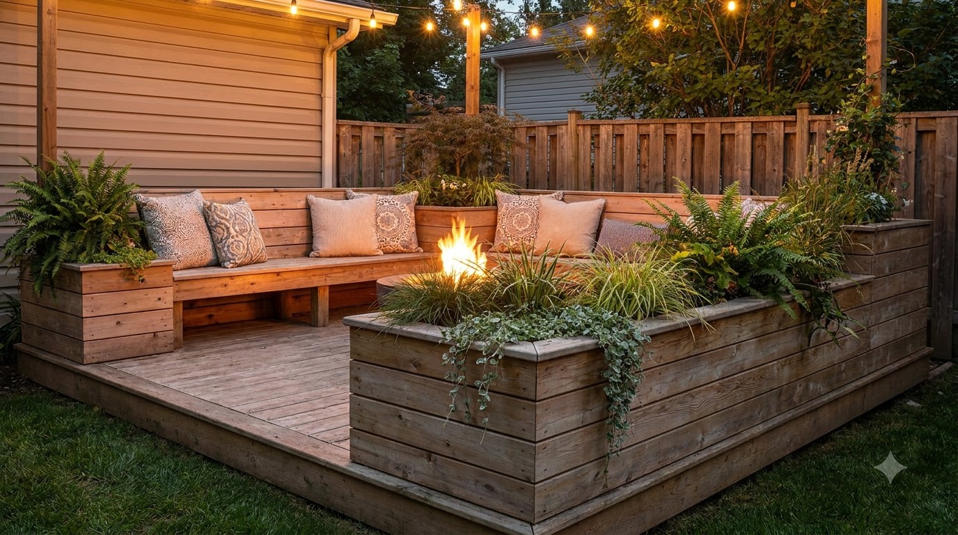 Built-in bench and planter boxes forming a low deck perimeter
