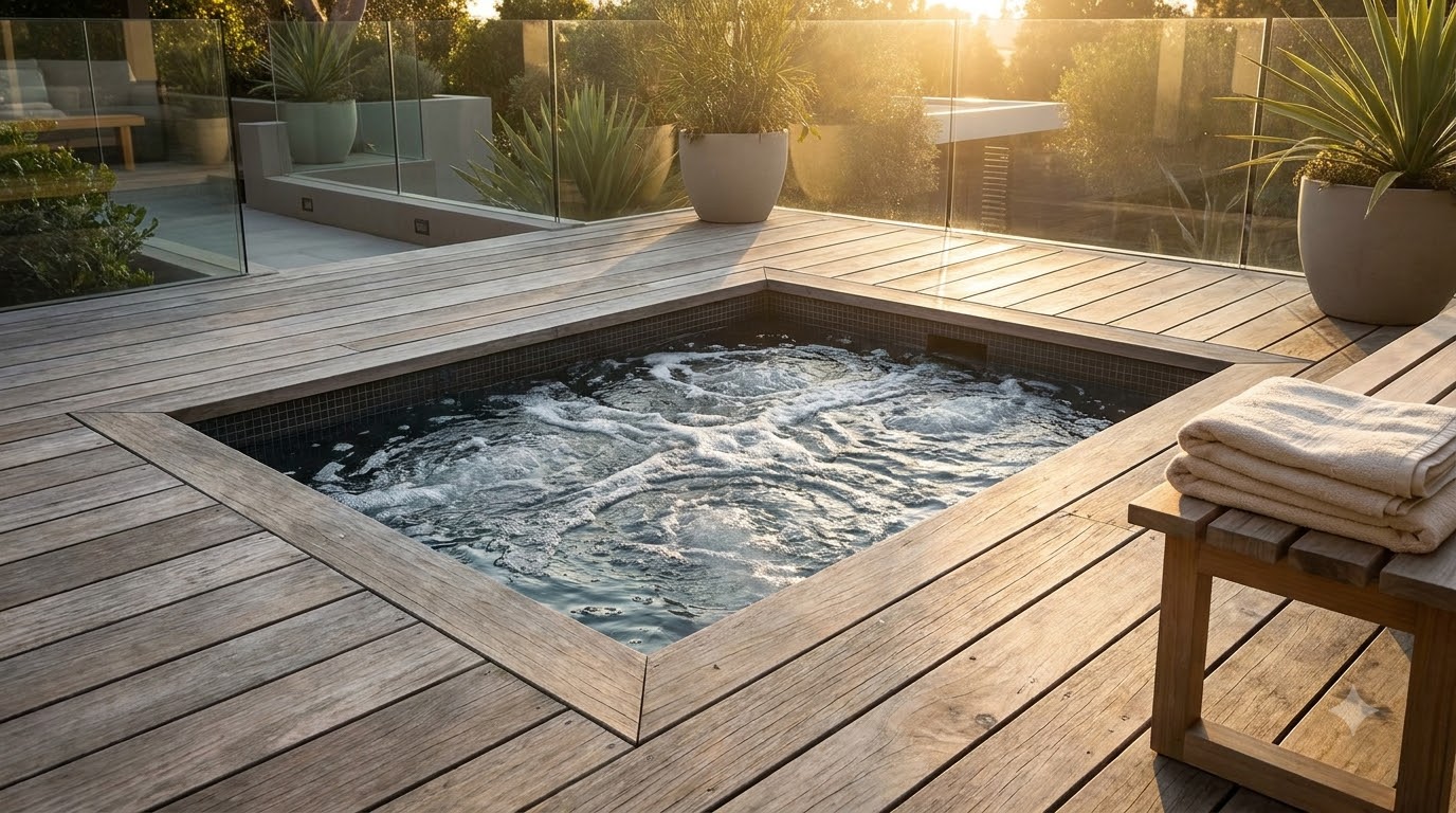 Hot tub flush-mounted level with the deck surface