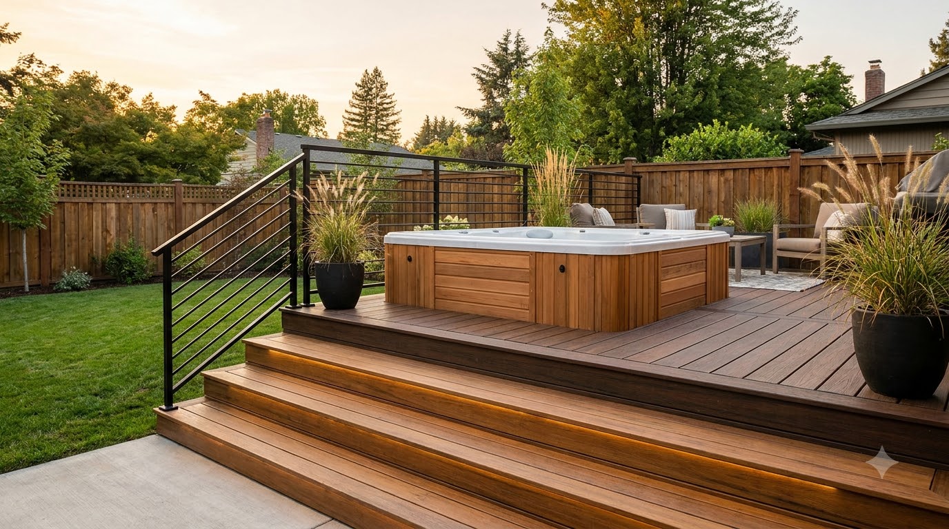 Hot tub on a raised deck platform with wide steps and railing