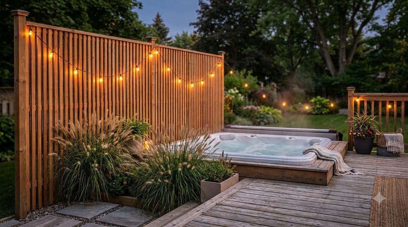 Slatted privacy screen beside a hot tub on a deck