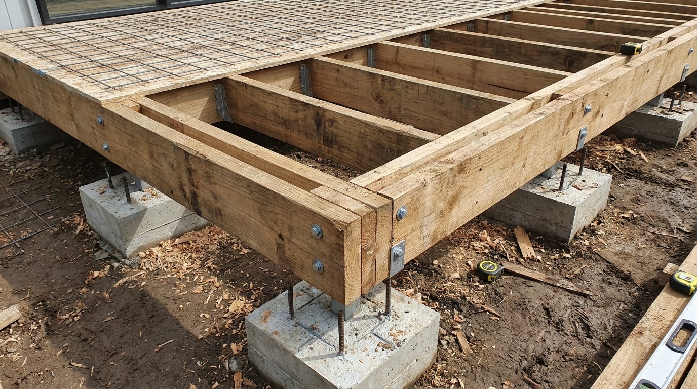 Reinforced deck framing with doubled joists under a hot tub area