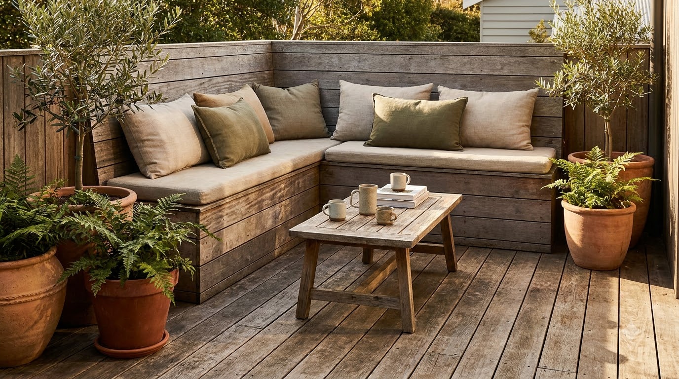Built-in corner bench seating on a small deck