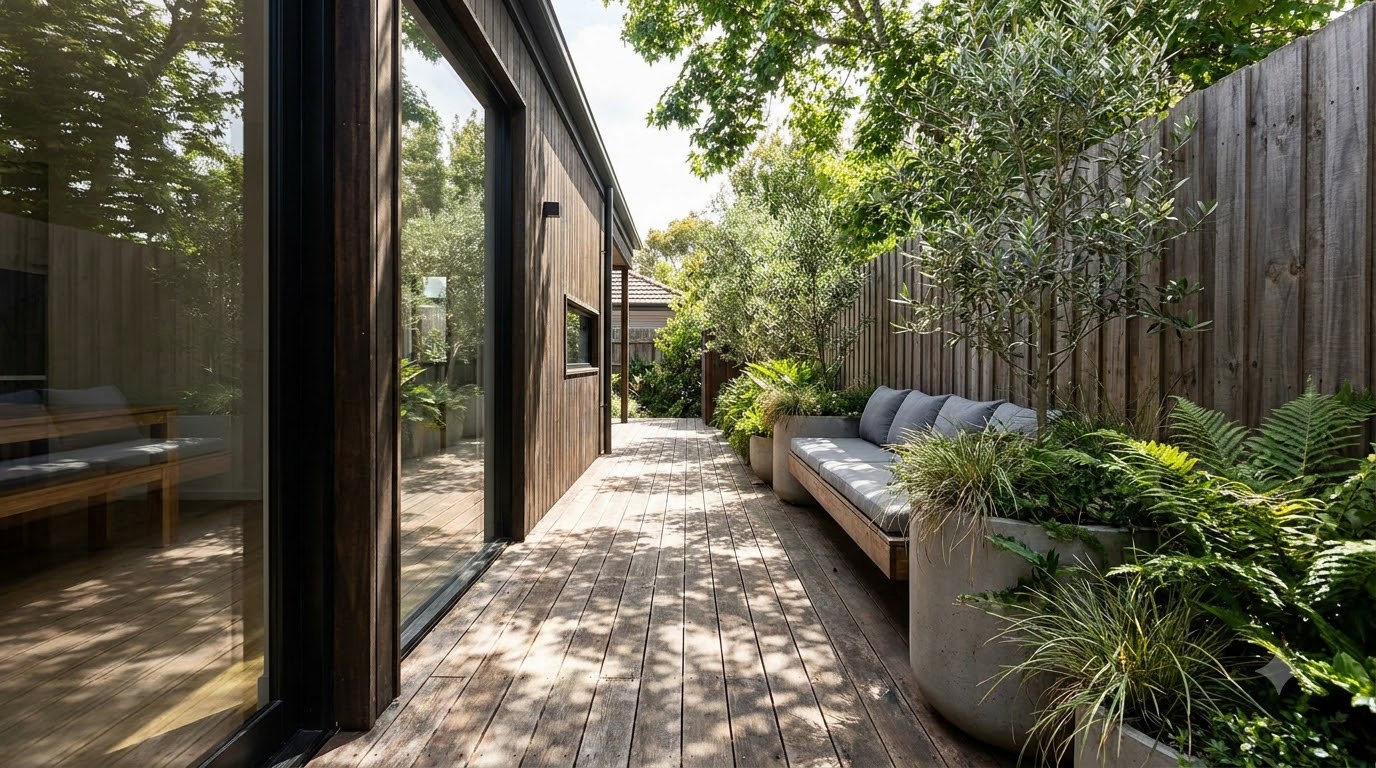 Narrow side-return deck running along a house wall
