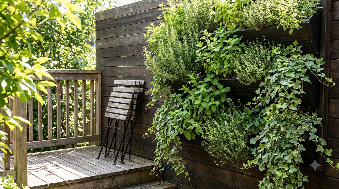 Vertical planting on the wall beside a small deck