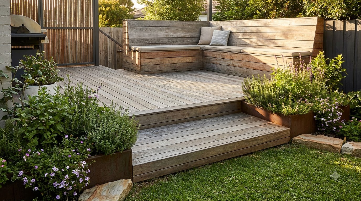 Small two-level deck stepping down to a garden
