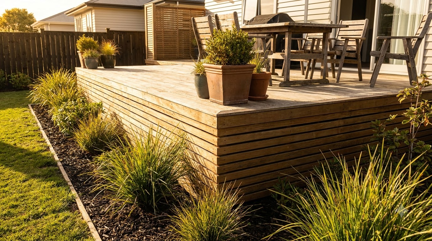 Deck with horizontal slat skirting and planting along the base