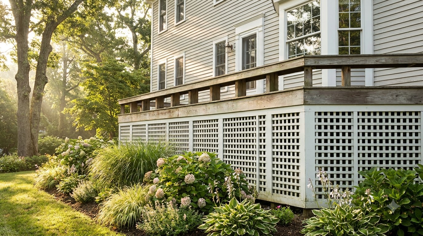 Classic lattice deck skirting painted white
