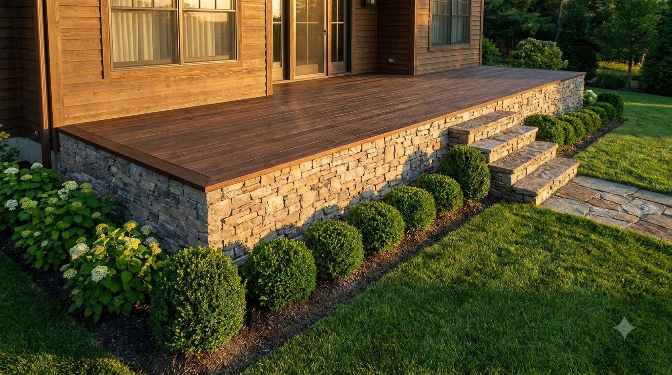 Stone veneer skirting on a raised deck