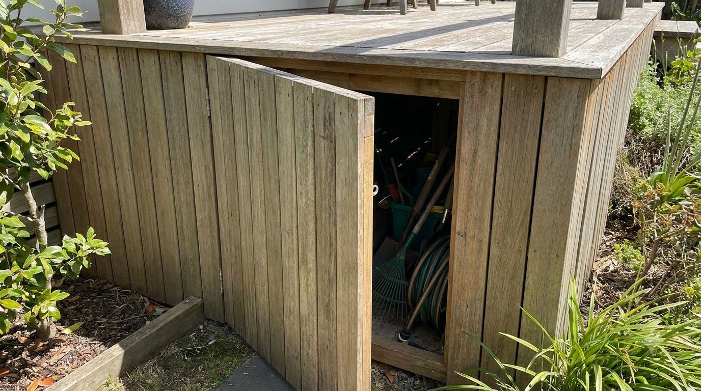 Hidden access door built into deck skirting