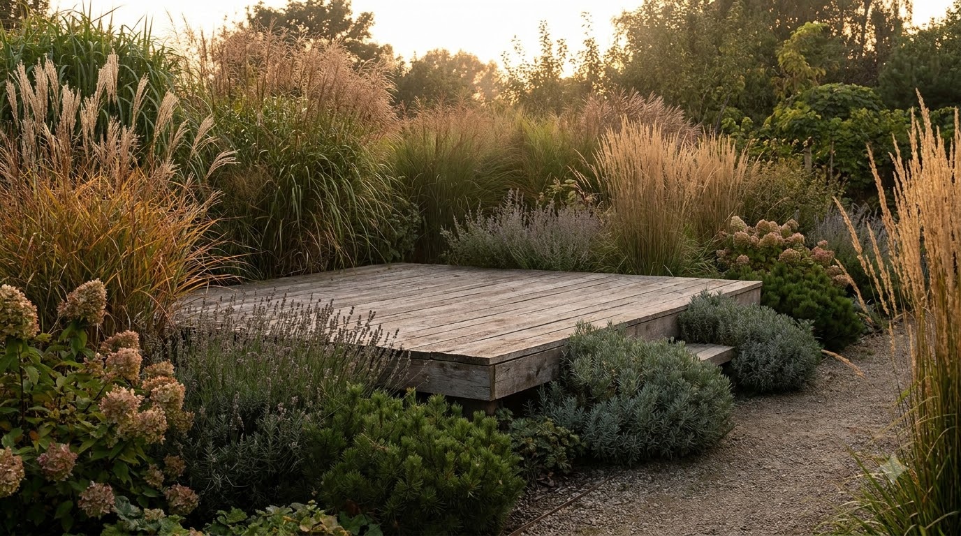 Shrubs and grasses used as a living skirt around a low deck