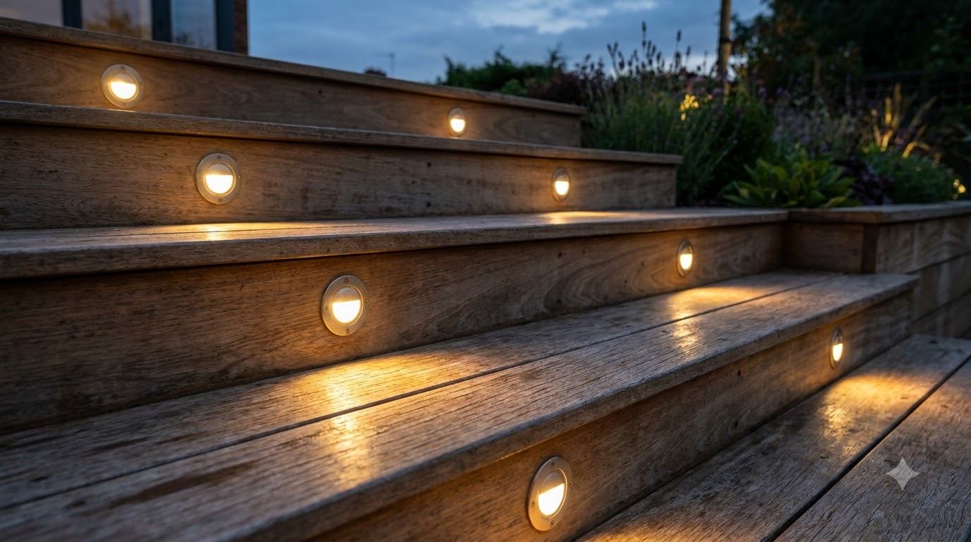 Recessed lights in deck stair risers lighting each tread