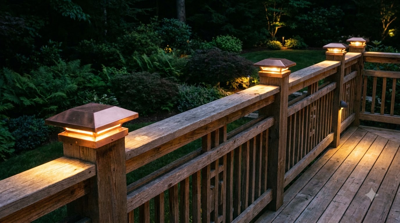 Post cap lights glowing along a deck railing at night