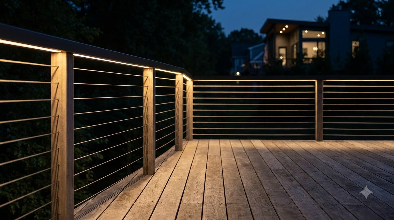 Hidden LED strip under a deck rail washing the floor