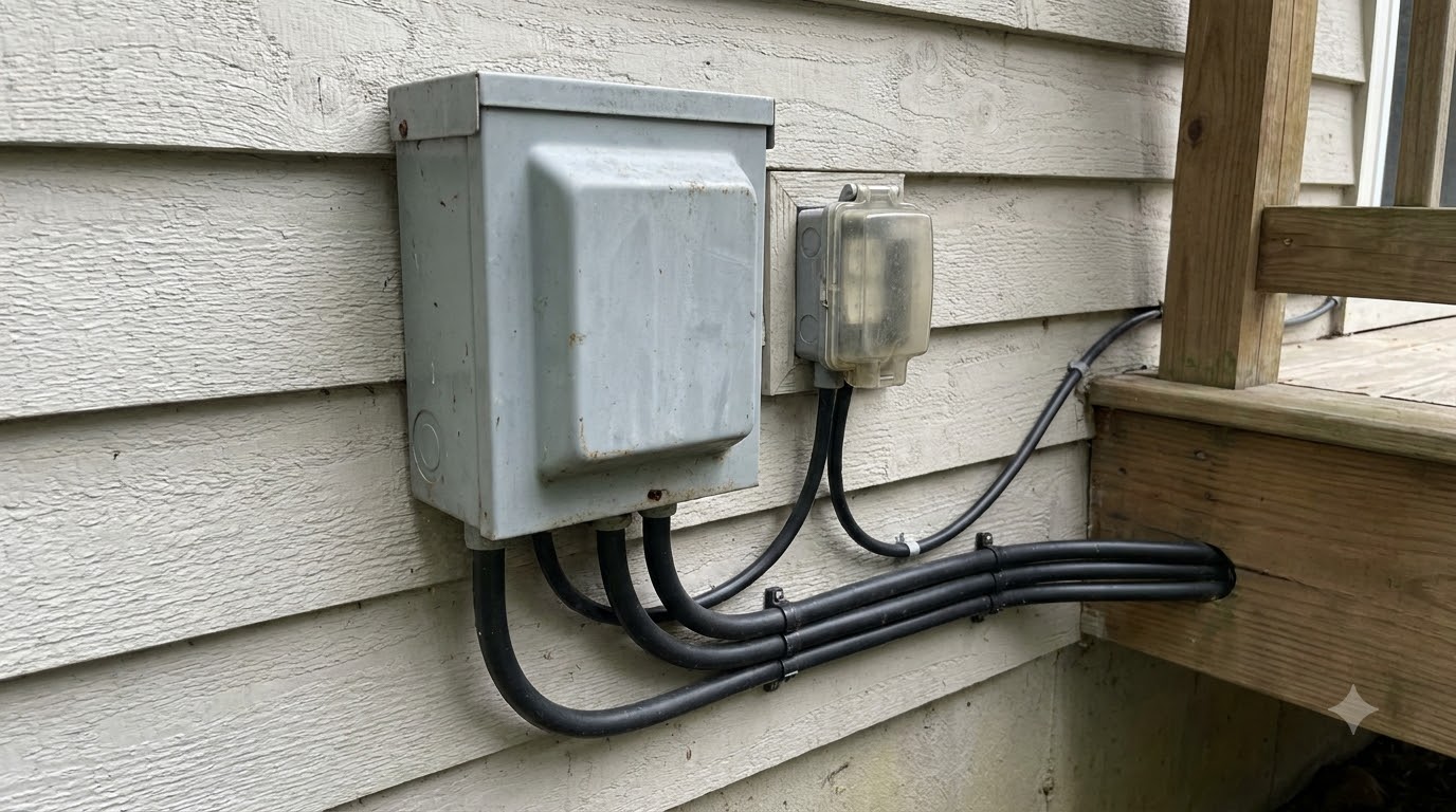 Low-voltage transformer mounted on a house wall with cable runs