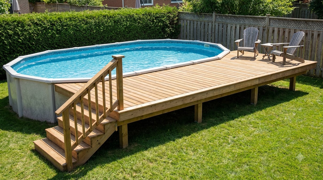 Partial deck along one side of an above ground pool