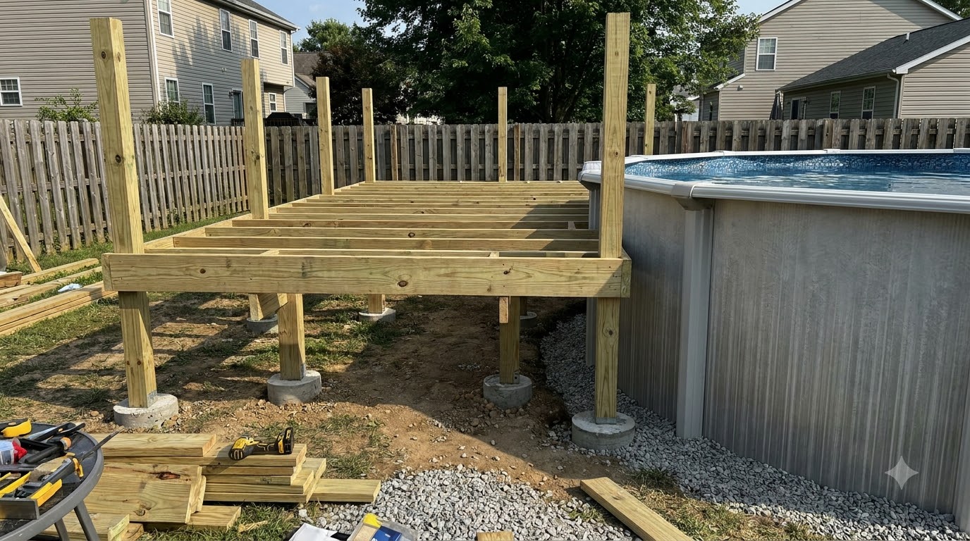 Free-standing deck framing beside an above ground pool wall