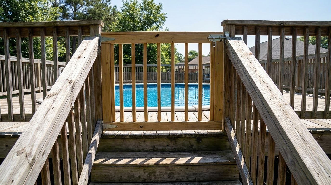 Self-closing gate at the top of pool deck stairs