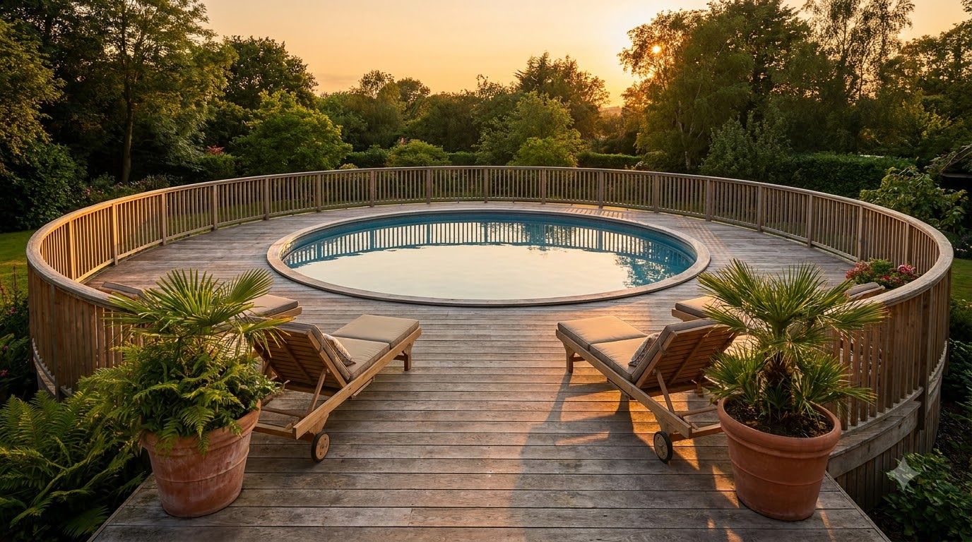 Full wraparound deck circling an above ground pool