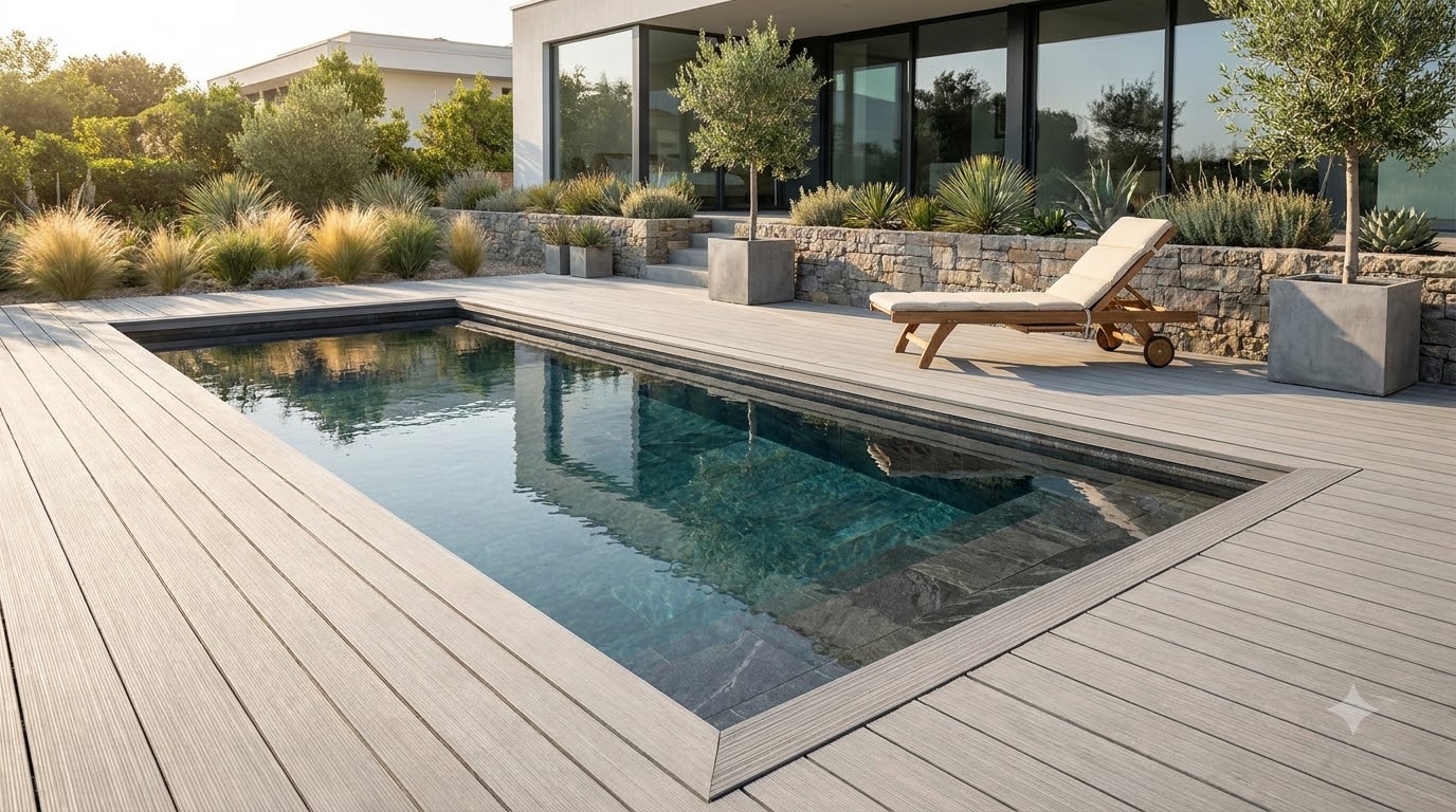 Composite decking around a modern swimming pool