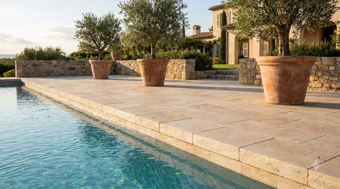 Travertine paver pool deck with coping edge
