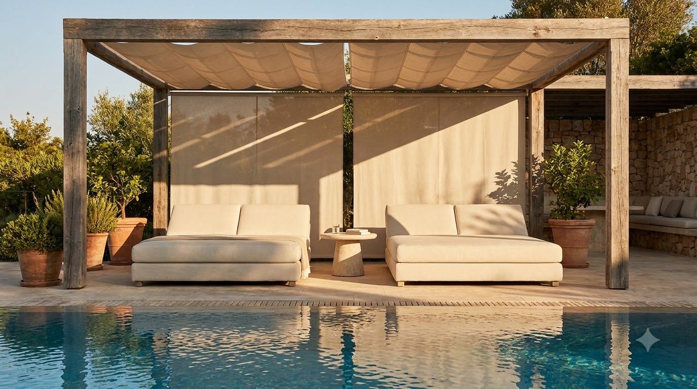Shaded lounge zone beside a pool deck