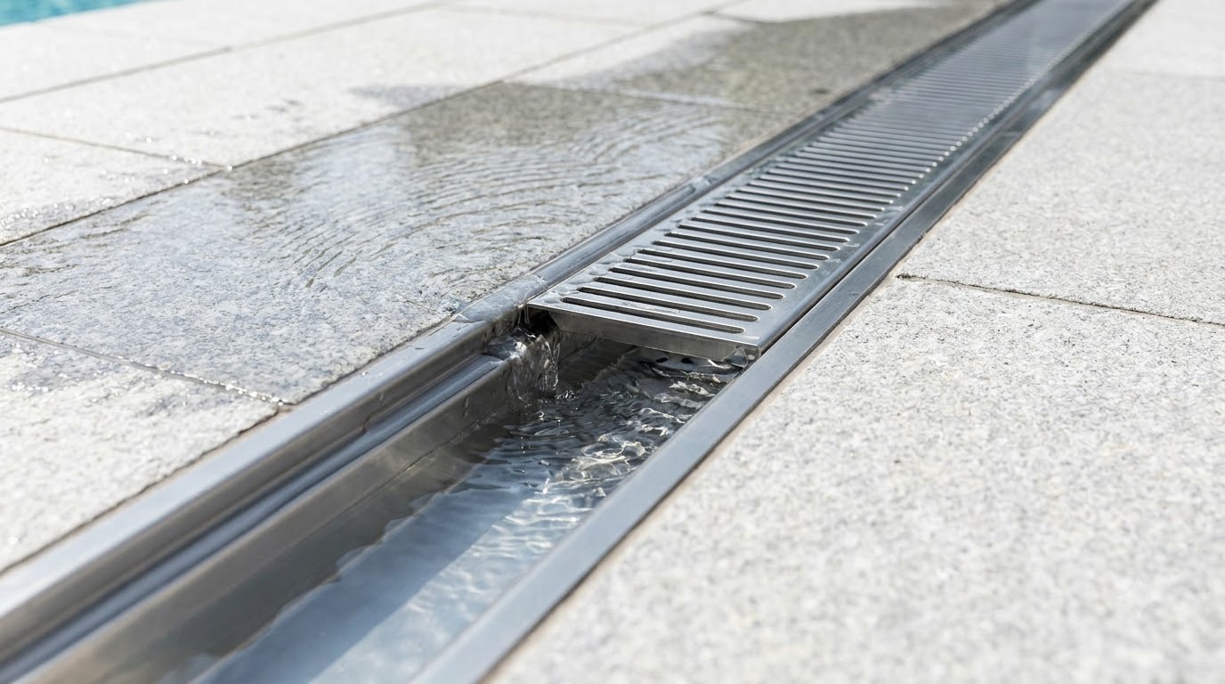 Linear drainage channel along the edge of a pool deck