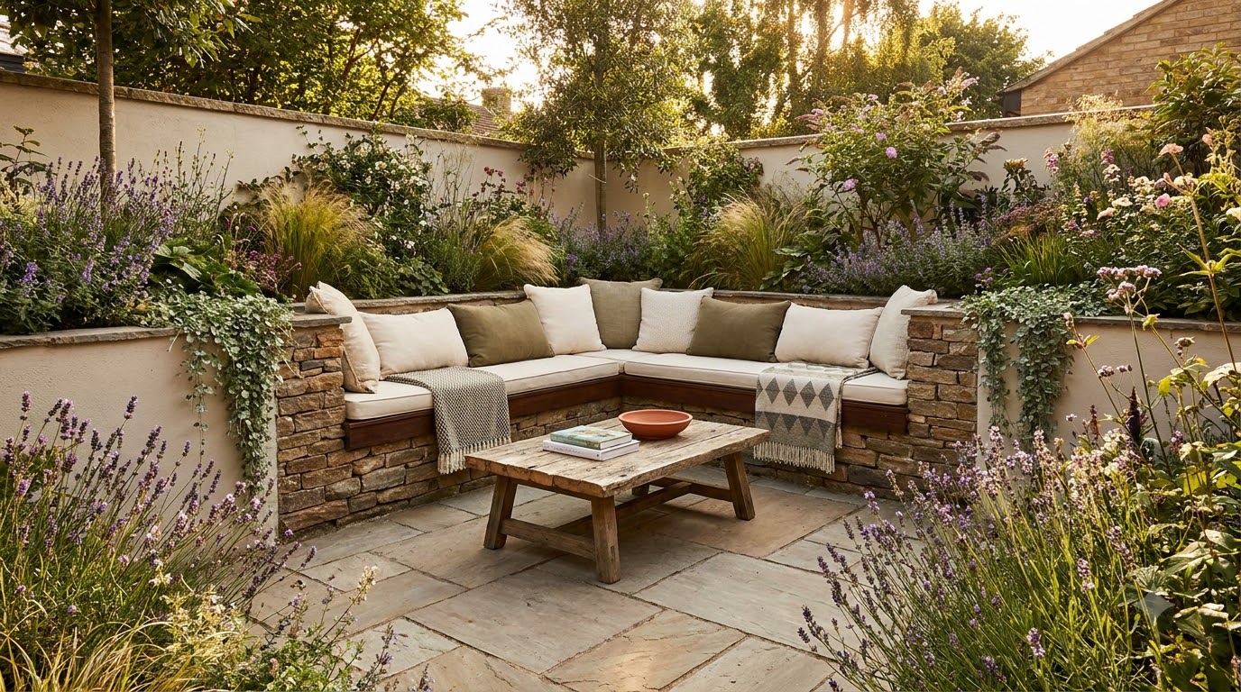 Built-in corner bench seating on a small patio