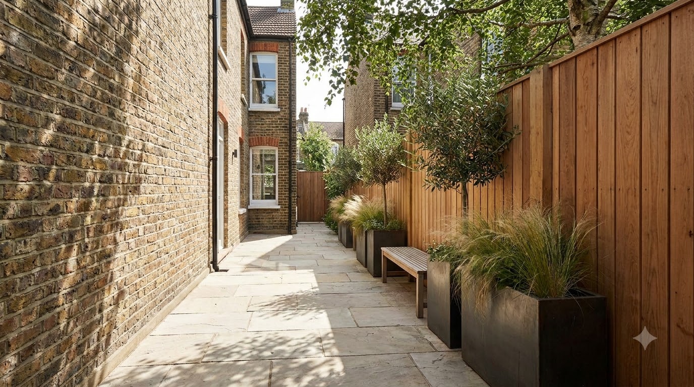 Narrow side-yard patio with slim furniture
