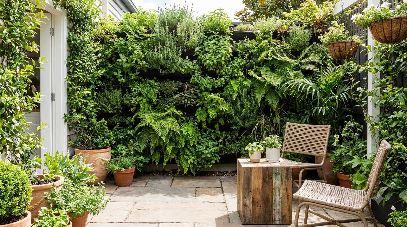 Vertical garden wall beside a small patio seating area