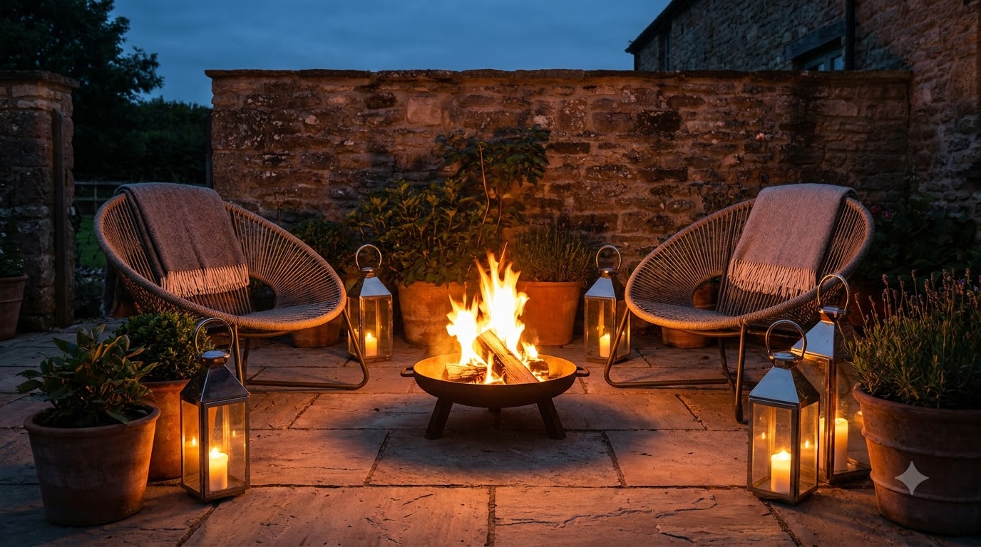 Compact fire bowl corner on a small patio at dusk