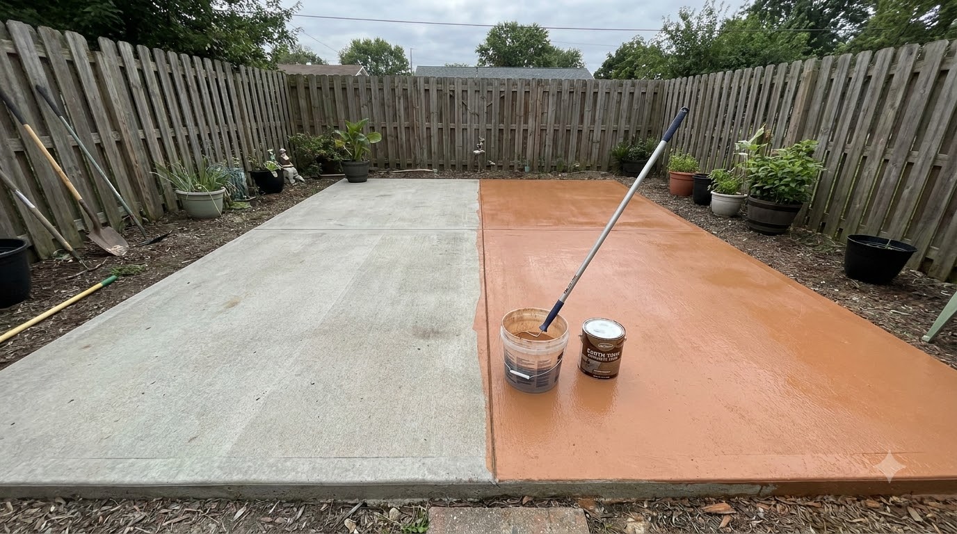 Concrete slab being stained a warm earth tone