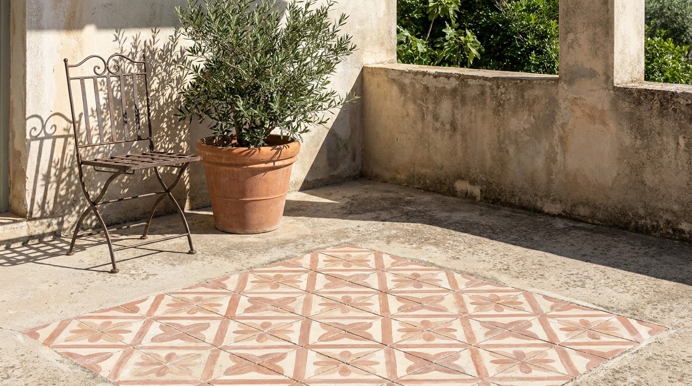 Painted geometric pattern on a concrete patio
