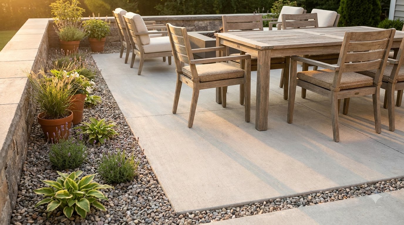 Concrete patio edged with a gravel and planting border