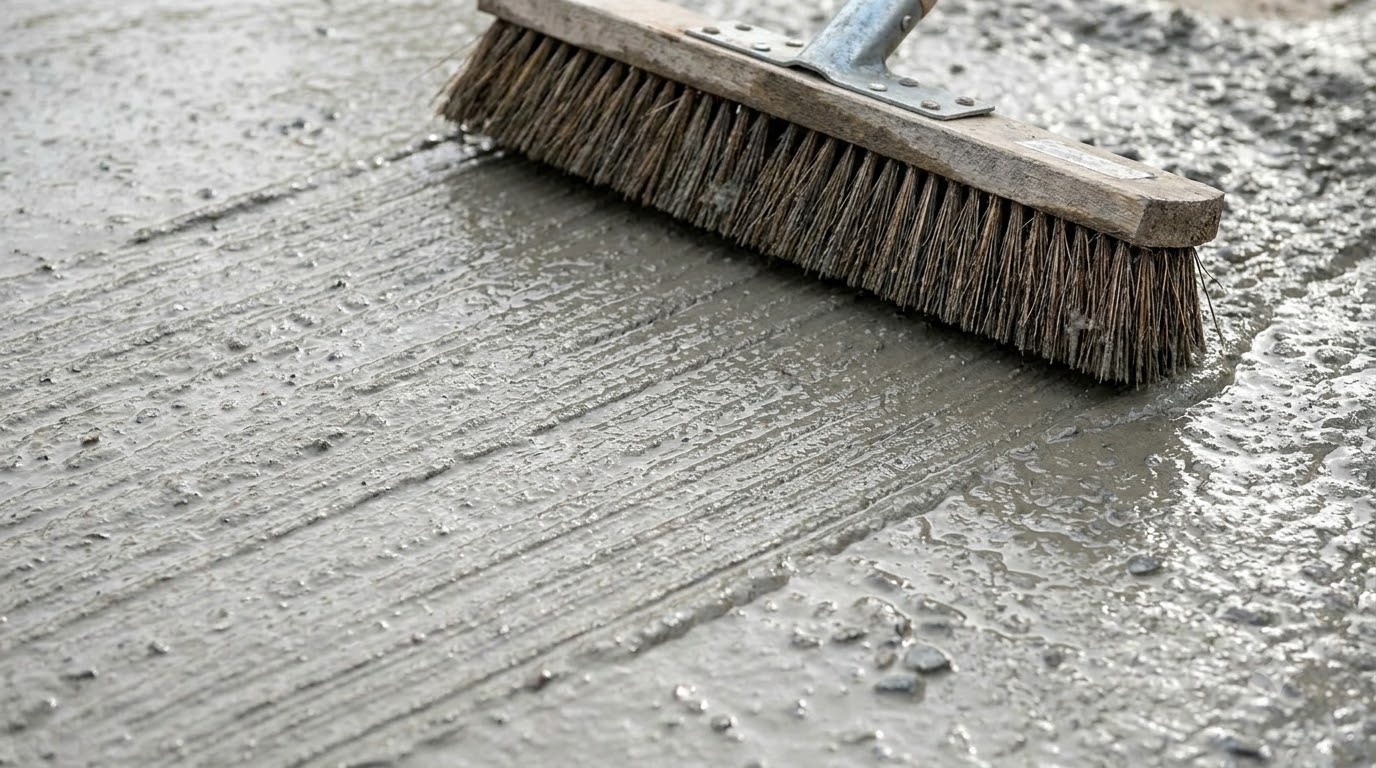 Fresh broom finish being applied to a concrete slab