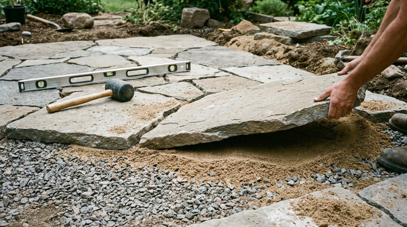 Flagstone being dry-laid on a compacted gravel base