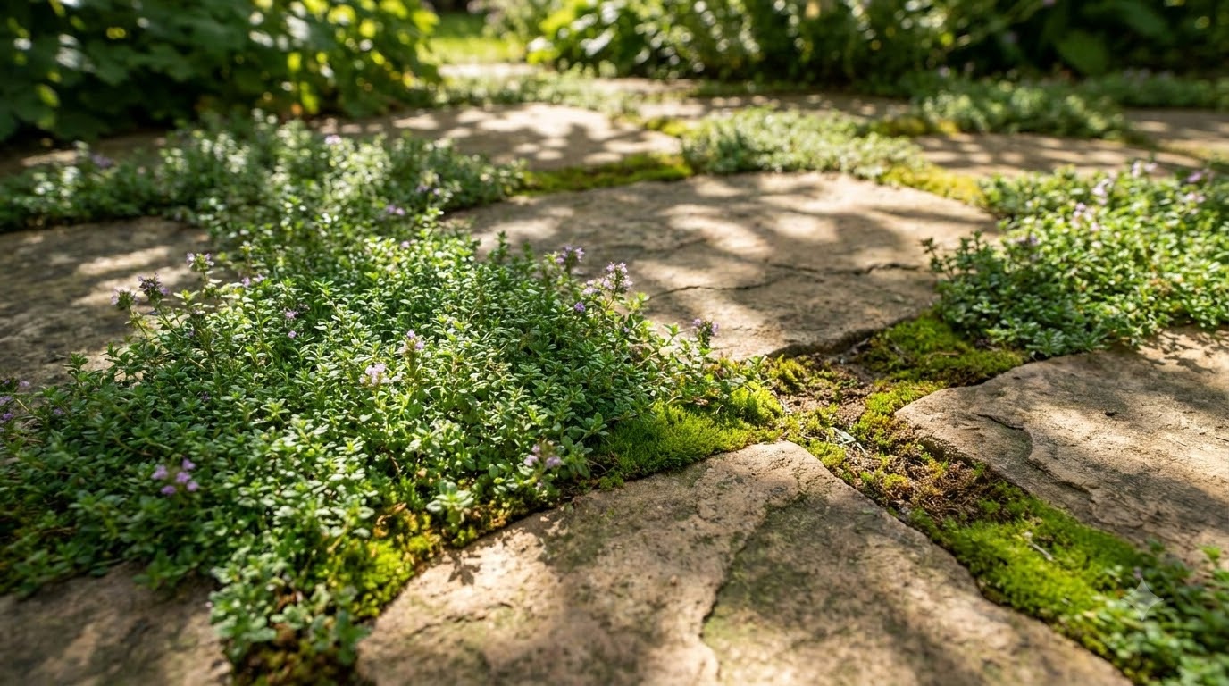 Creeping thyme growing between flagstone joints