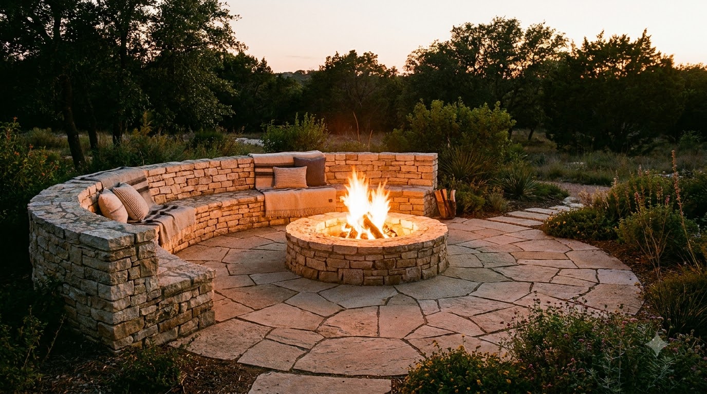 Flagstone patio with fire pit and stone seating wall