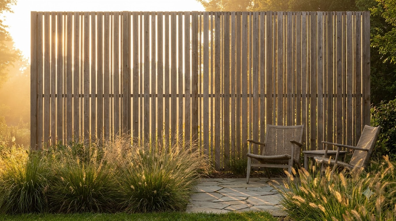 Vertical slat privacy screen beside patio seating