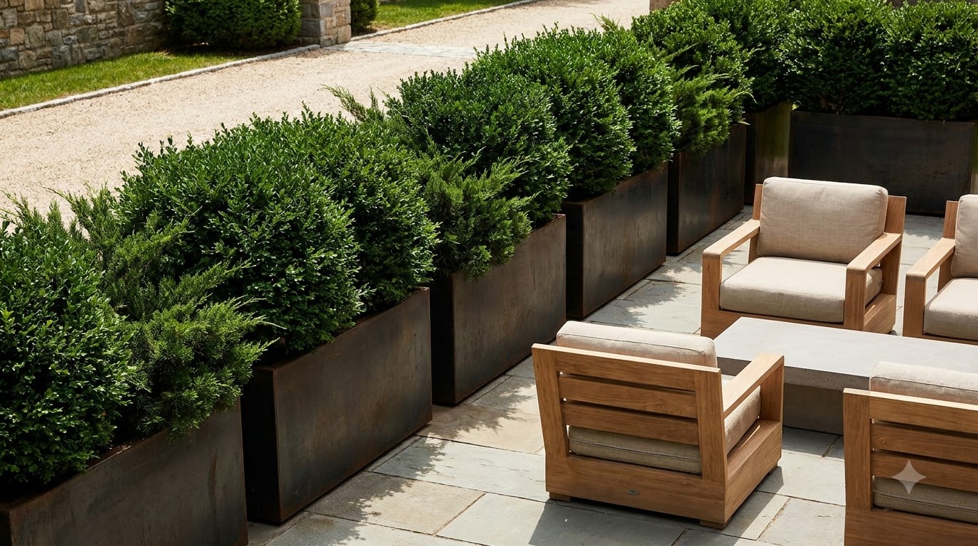 Tall planters with evergreen shrubs screening a patio edge